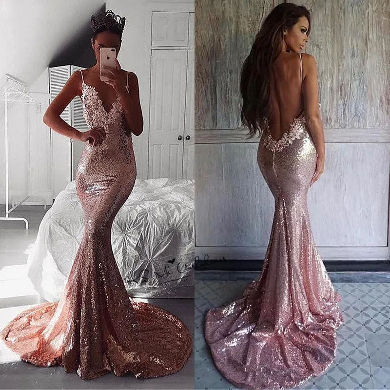 

Robe de Soiree Courte Sexy Women Backless Evening Dresses Pink Sequined Lace Long Prom Party Mermaid Dress V Neck Gala 2020