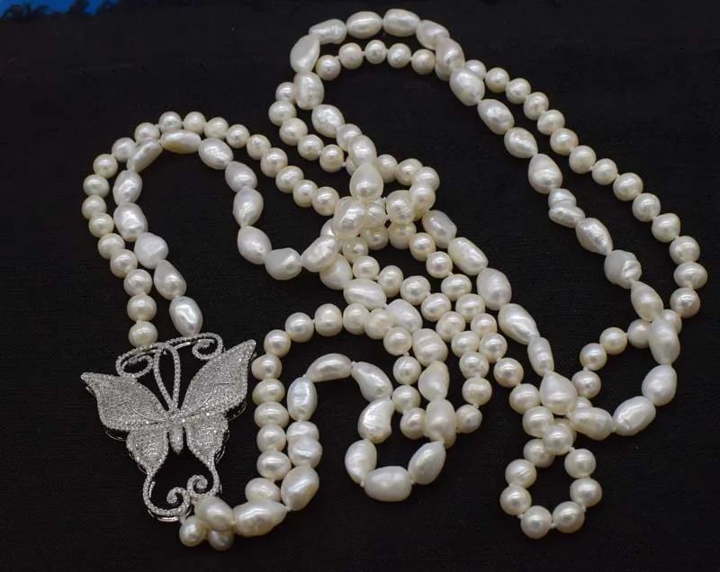 

wow! 2rows freshwater pearl white baroque near round butterfly pendant necklace 32-35inch