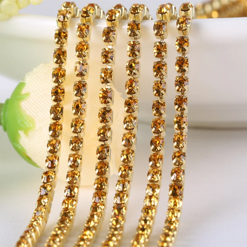 All colours 10Yards  DIY Rhinestone Chain Dense Gold bottom sewing Rhinestones for clothing Art Decoration