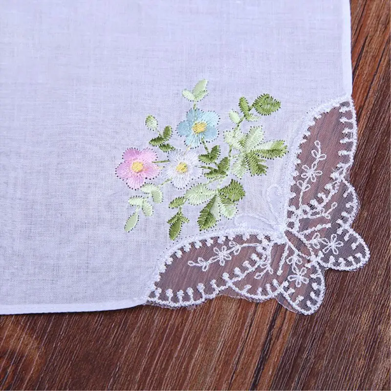 5Pcs Womens Cotton Handkerchiefs Floral Embroidered Butterfly Lace Pocket Hanky