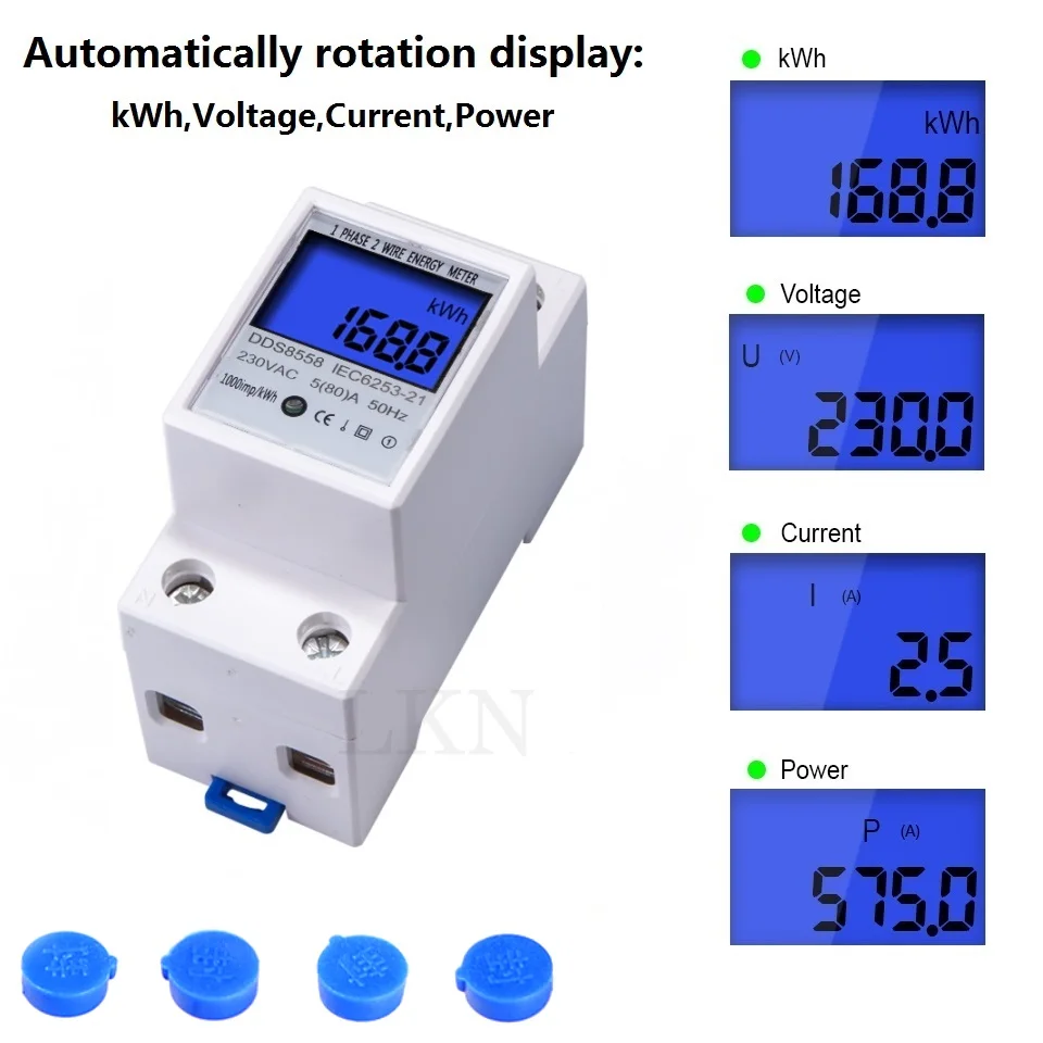 Din Rail kWh Meter 1 Phase 2 Wire LCD Digital Display Power Consumption Energy Electric kWh Counter  AC 110V-230V 50/60Hz