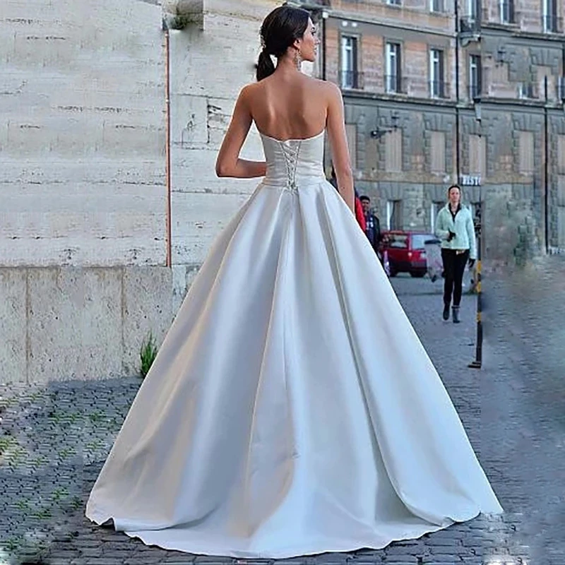 Personalizado nova chegada sem alças a linha vestido de casamento ruched vestidos de cetim até o chão vestido de noiva rendas até vestidos de noiva