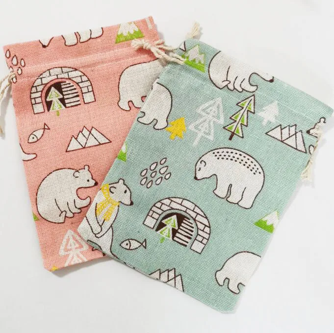 50pcs/lot 13x18cm Lovely Cute Sweet Flower Bear Cotton Linen Bags  Gift Drawstring Bags Coffee Candy Jewelry Packing Bag