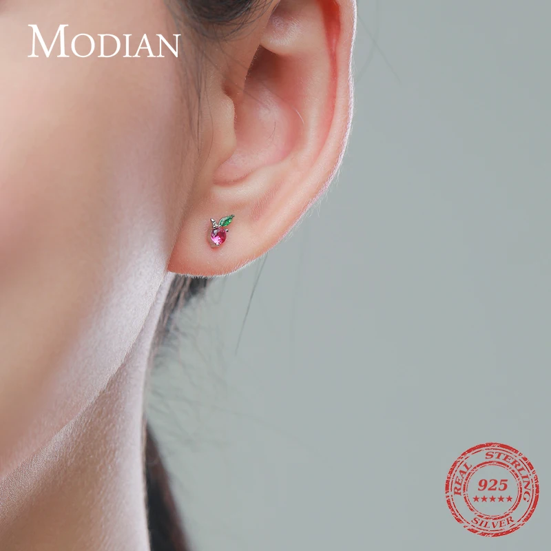 Modian Cute Cherry Earrings 925 Sterling Silver Simple Little Fruit Dazzling Crystal Stud Earrings for Women Girls Fine Jewelry