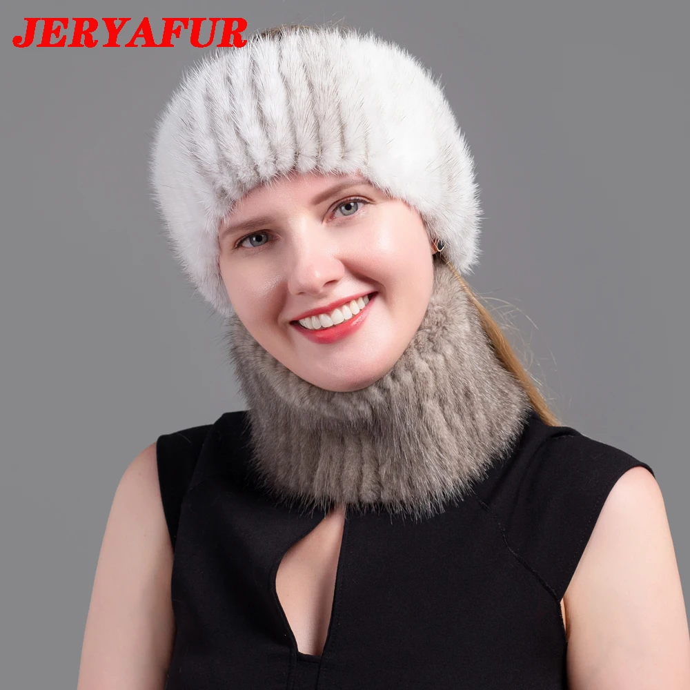 JINBAOSEN Ladies Winter Knitted Leather Straw Hat Real Mink Scarf Hat Stretch Luxury Mink Empty Top Hat