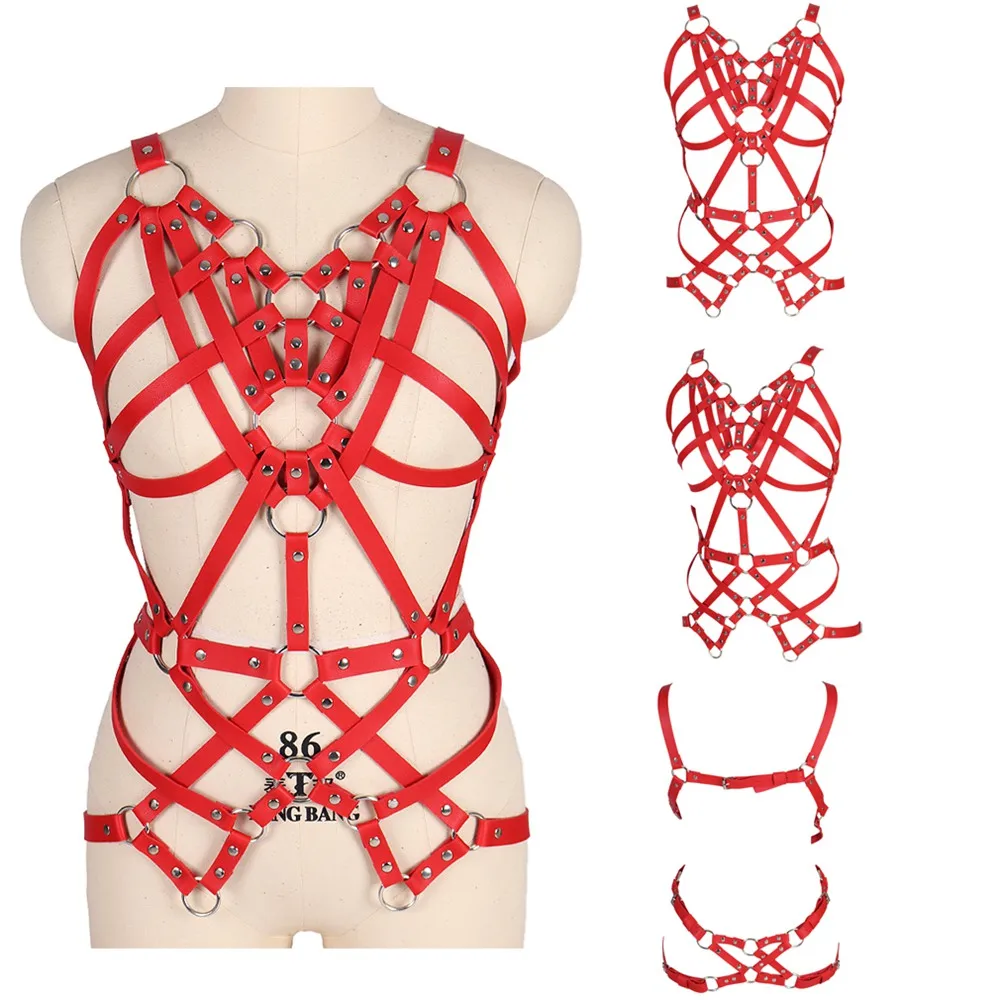 Erotische Fetisch Sexy Dessous Set Harajuku Harness Strumpfband Goth Punk Leder Frauen Körper Bondage Käfig Bh Taille Hosenträger