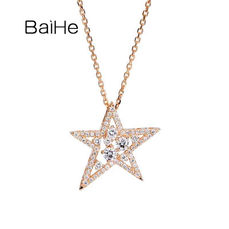 BAIHE Solid 18K Rose Gold 0.45ct H/SI Natural Diamond Star Pendant Necklace Women Clavicle Chain Fine Jewelry Collar Estrella