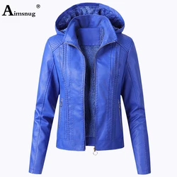 Vrouwen Faux Pu Lederen Jassen 2021 Herfst Winter Hooded Bovenkleding Zakken Rits Jas Slim Biker Jacket Blauw Hoodies Plus Fluwelen