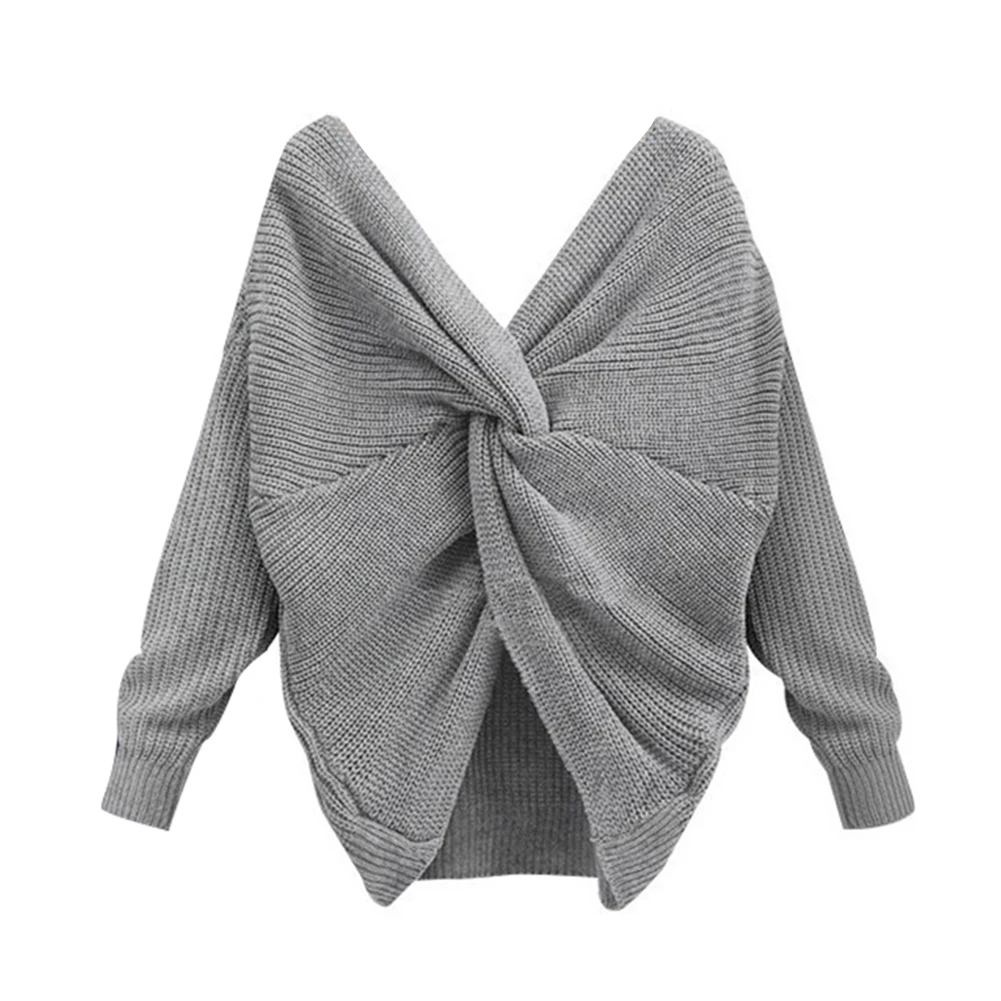 Solid Color V Neck Twisted Back Knot Sweater Women Long Sleeve Jumpers Pullover Girls knit Sweater