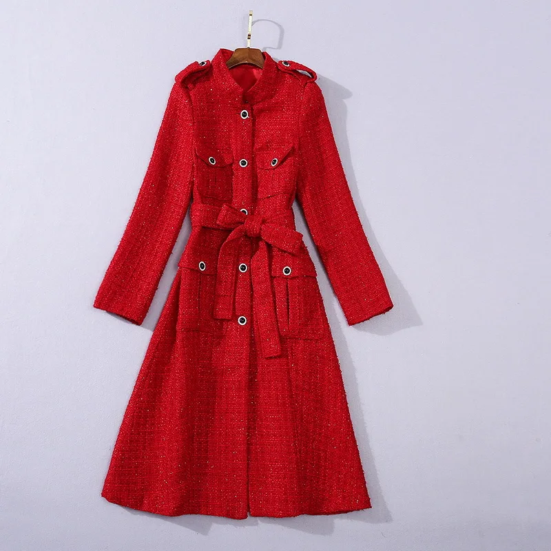 

European and American women's wear 2020 winter new style Long - sleeved stand-up collar elegant buttons lace-up tweed coat