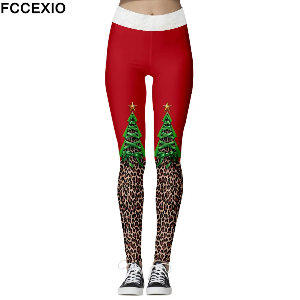 

FCCEXIO Women Christmas Leggings Stretch Hight Waist Striped Christmas Tree 3D Printing Pants Sports Workout Trousers Xmas Gift