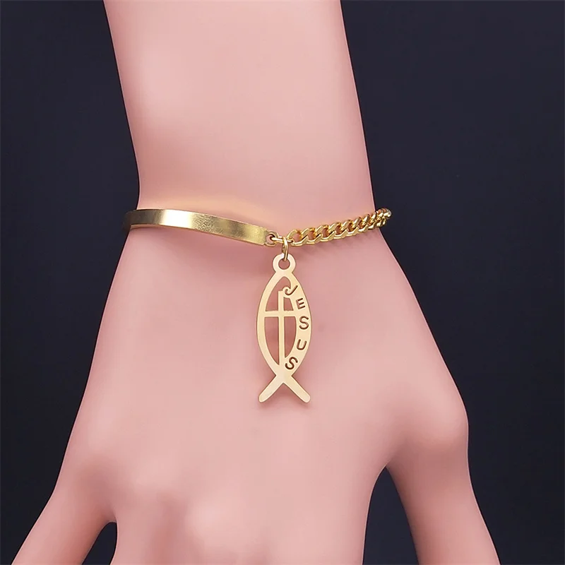 Stainless Steel Christian Fish Cross Jesus Bracelets for Women Gold Color Bangle Bracelets Jewelry braccialetti donna B1711S05