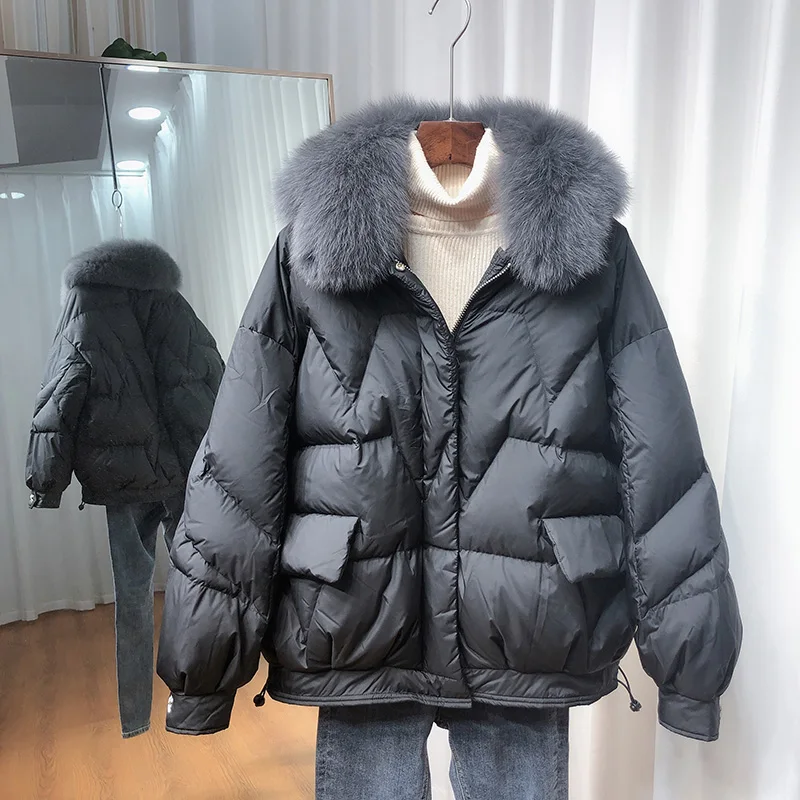 Real Fox Fur Collar 2024 New Winter Women\'s 90% White Duck Down Jacket Female Short Puffer Coat Warm Down Parka Loose Outwear