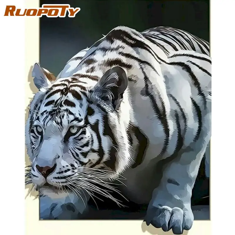 

RUOPOTY 60x75cm DIY Frame Painting By Numbers Kits White tiger Animal Paint By Numbers Kits Unique Diy Gift For Adult Children