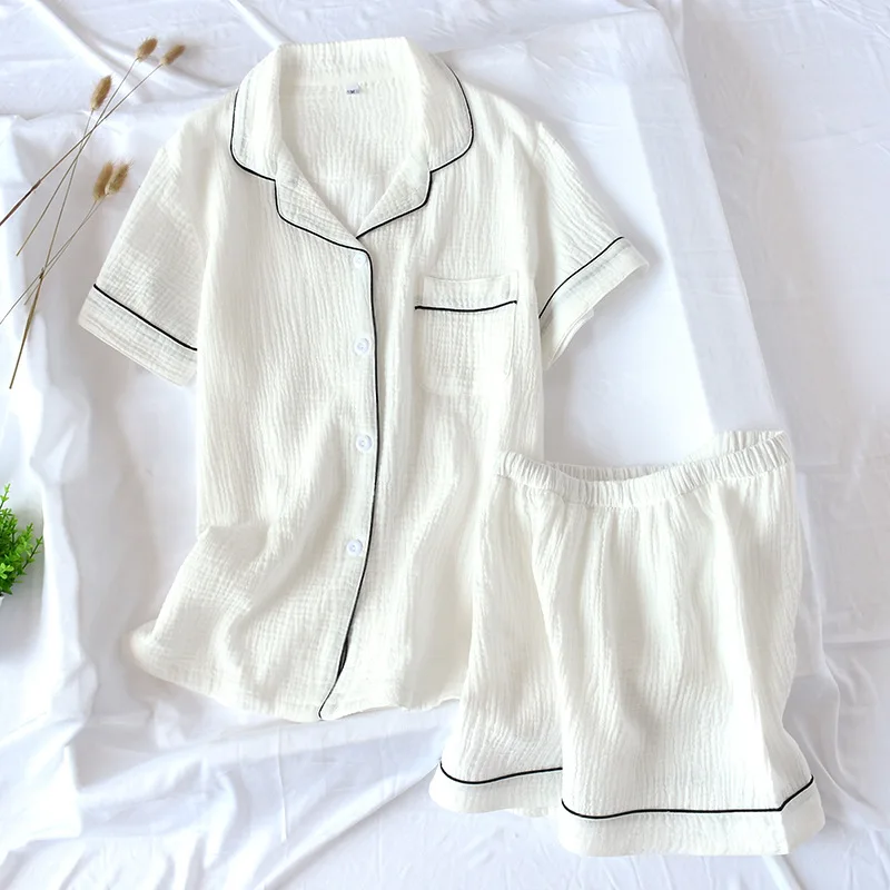 Japanese-style new summer ladies cotton double-layer crepe gauze short-sleeved shorts pajamas suit large size home service women