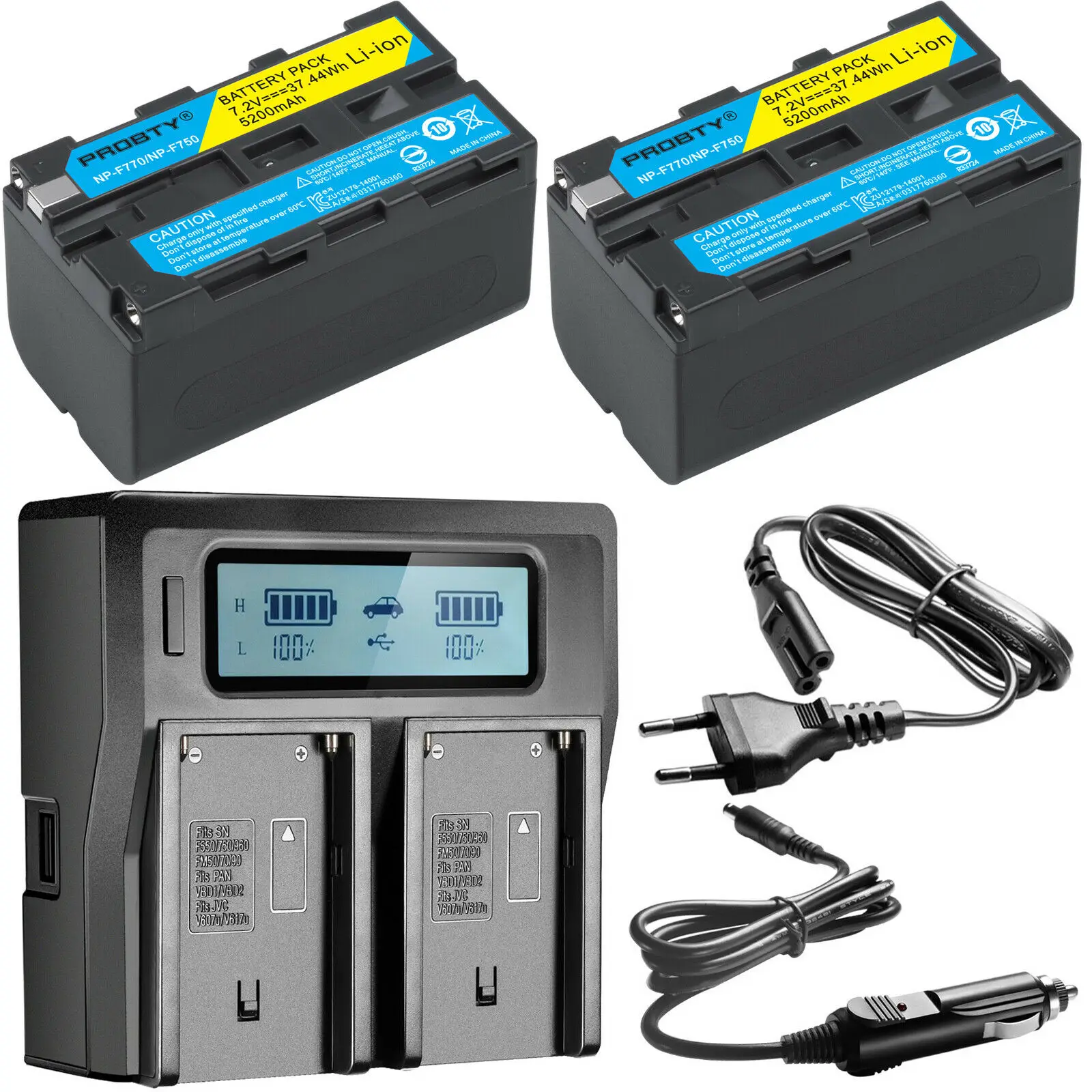 

2Pcs 5200mAh NP-F770 NP-F750 NP F770 NP F750 750 Batteries + Ultra Faster LCD DUAL Charger Kits for Sony CCD-RV100 DCR-TRU47E