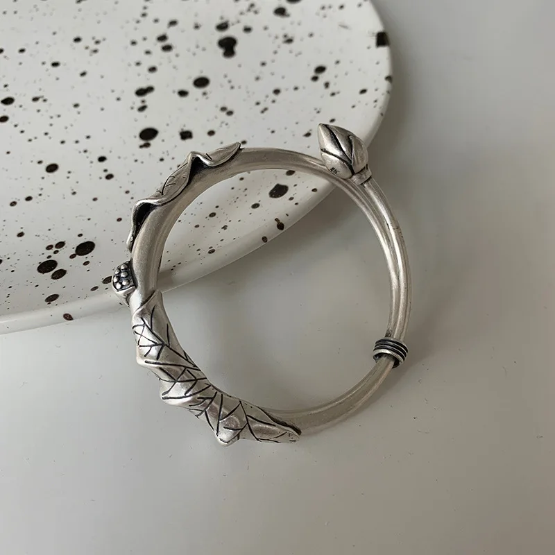 Promotion Trendy Lotus Flower & Leaf Thai Silver Ladies Bangle Women Cuff Bracelet New Year Gifts 2023
