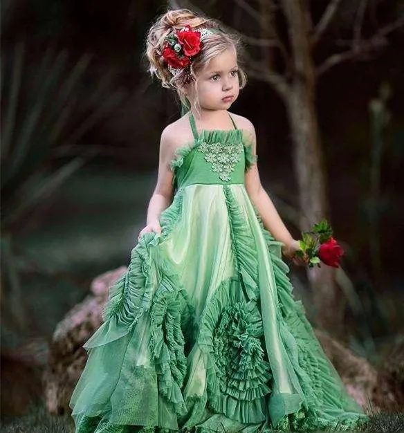 

Flower Girls Dress Green Kids Formal Pageant Party Wear Halter Sexy Backless 3D Florals New Junior Bridesmaid Vestidos