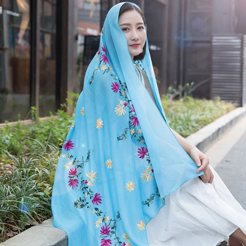 Plain Embroider Floral Viscose Shawl Scarf From Indian Bandana Cotton Linen Scarves and Wraps Soft Foulard Muslim Hijab Cap