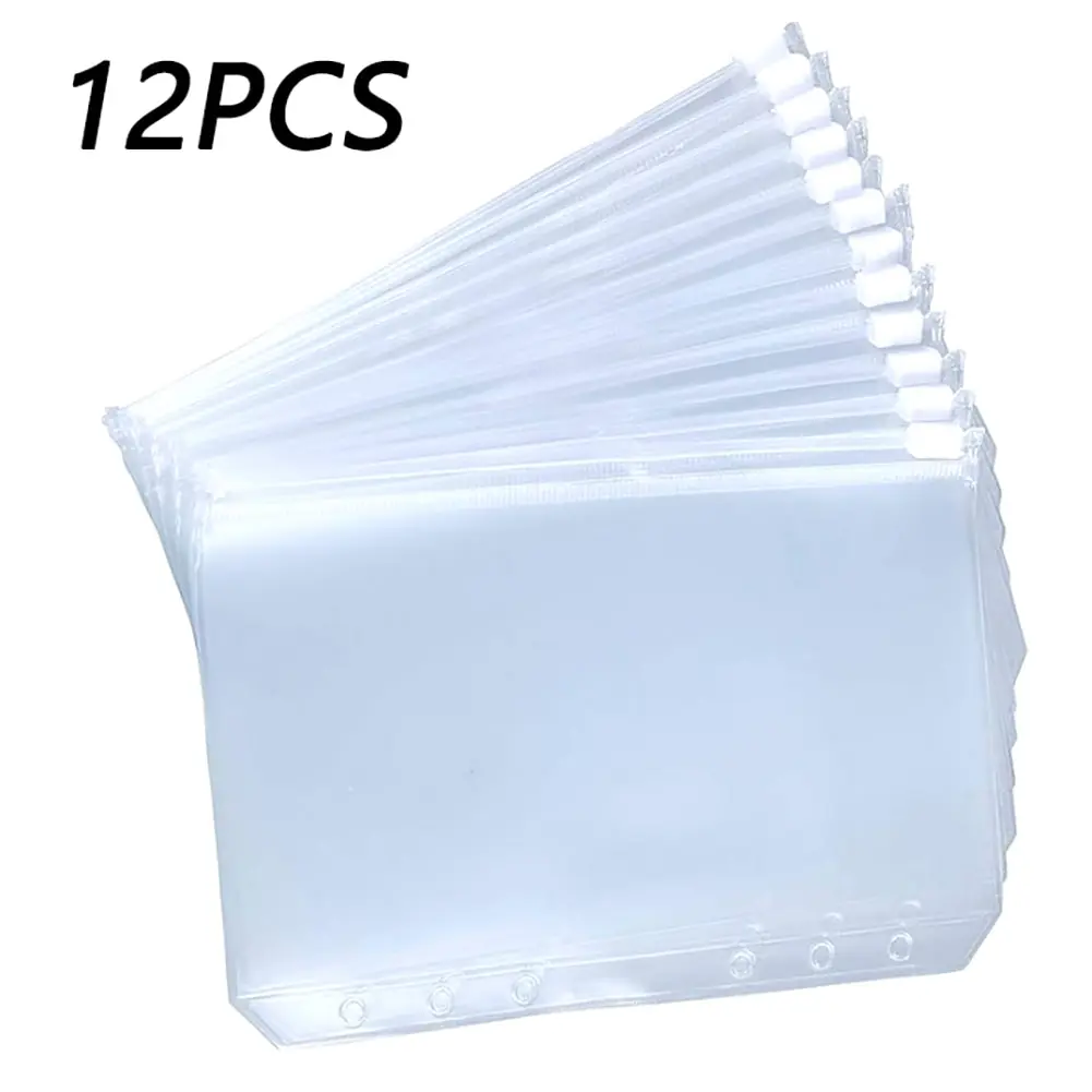 

A5 A6 A7 12PCS Binder PocketsBinder Zipper Folders for 6-Ring Notebook Binder Transparent Loose Leaf Pouch Document Filing Bags