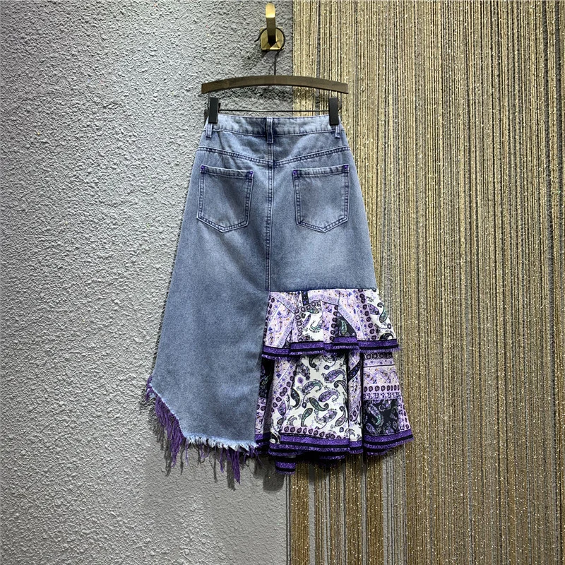 Purple Women Hole Ripped Denim Irregular Skirts Fashion High Waist Chiffon Spliced A-Line Wrap Skirt Print Mid Skirts Female