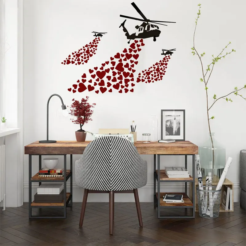 Wall Decal Banksy Helicopter With Hearts Street Art Graffiti Helicopters Wall Sticker Vinyl Home Decor Kids Room Bedroom 4470