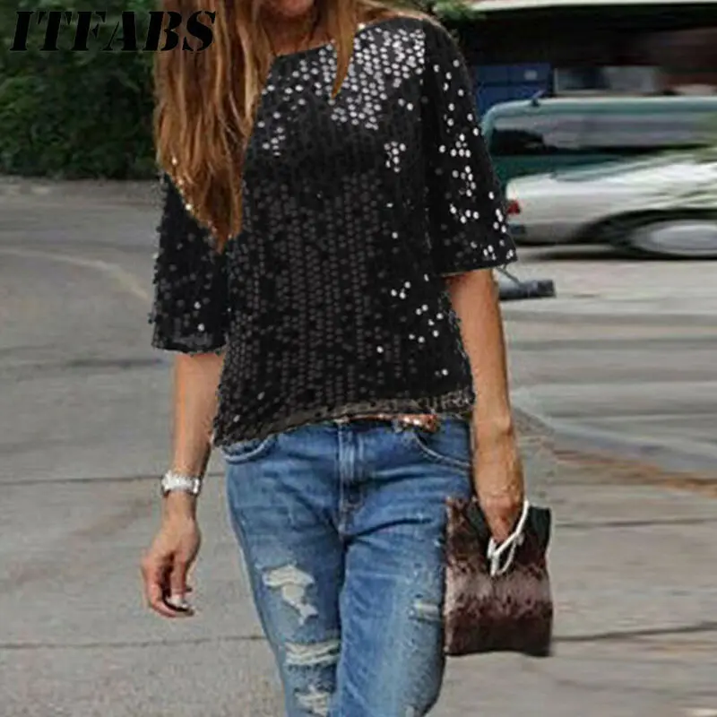 Hot Ladies Sloping Shoulder Glistening Sequin Stylish Chic Slim Shirt Top Shirt Loose Soft Casual Women T Shirts tee shirt femme