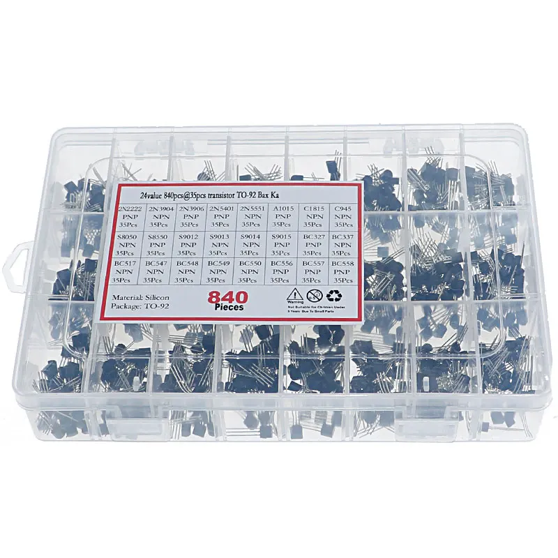 840pcs/Box 24Values TO-92 Transistor Assortment Kit BC327 BC337 BC547 S8050 S9014 2N2222 3904 3906 C945 PNP/NPN transistors pack