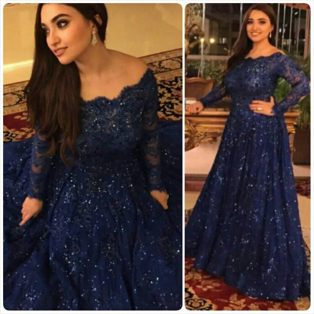 

2025 new lady Navy Blue Long Sequin Evening gown Robe Longue Blue Custom Long Sleeve Elegant Plus mother of the bride dresses