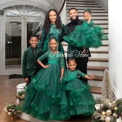 Pretty Hunter Green Tiered Tulle Kids Dresses For Girls Long Puffy Ruffles Tiered Flower Girls Dress Kid Dress Gowns Wedding