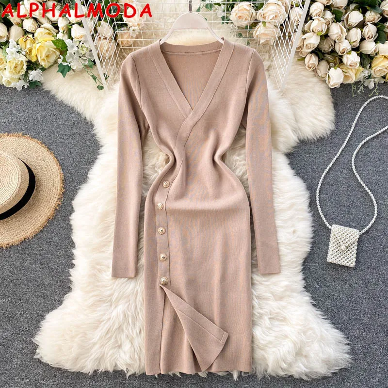 

ALPHALMODA Commuter Women's Elegant V-neck Buckle Dress Side Split Slim Fit OL Fashion Stretchy Knitting Dress Long-sleeve Pulls