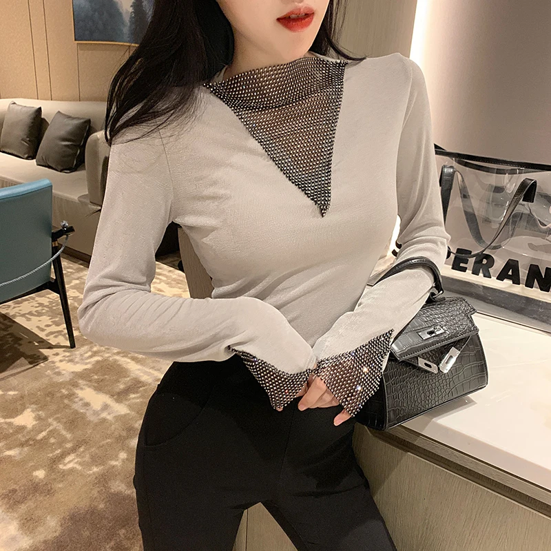 Autumn Winter Sequin T Shirt Women Long Sleeve Hot drilling Patchwork Slim Sexy Woman Mesh Black Tee shirt Women Tops 2022 DD01