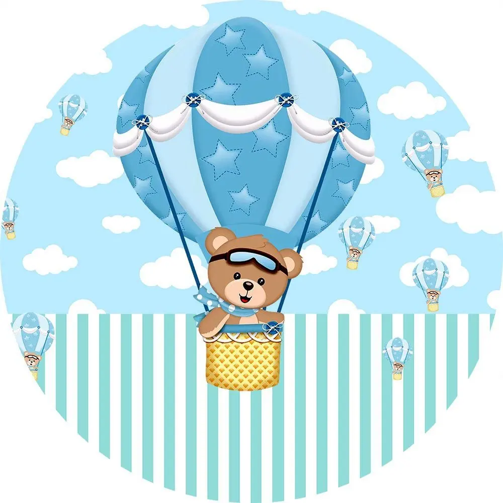 الأزرق والأبيض خلفية مستديرة بالونات الهواء الساخن صبي حفلة عيد ميلاد ديكور الدب استحمام الطفل الوليد دائرة راية غطاء فوتوزون