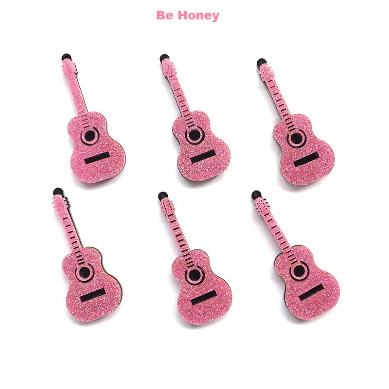 (6 pcs/lot) Glitter Pink Guitar Acrylic Pendants For Women DIY Handmade Earrings Fashion Jewelry Accessories Materials Wholesale