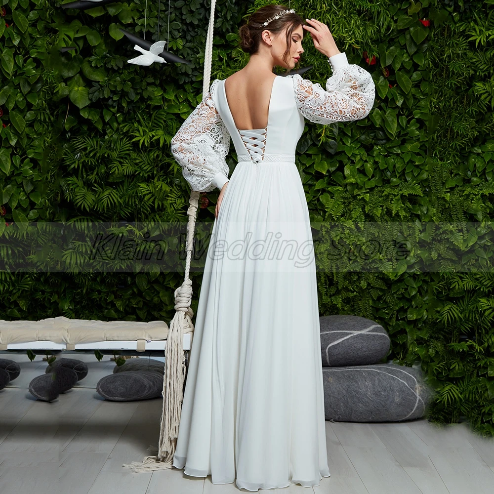 Weilinsha Charming A-line Lace Chiffon Wedding Dresses Long Sleeve V-Neck Floor Length Side Slit Bridal Gown Robe De Mariée 2023