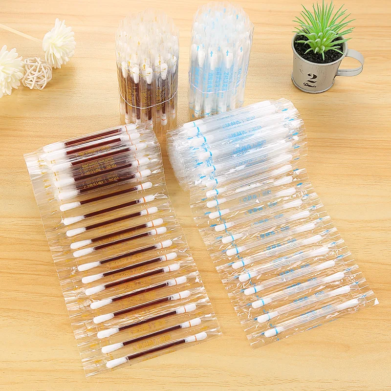 50Pcs Disposable Iodine Cotton Swabs Medical Alcohol Sticks Emergency First Aid Kits Double Head Wood Buds Nose Ears Cleaning