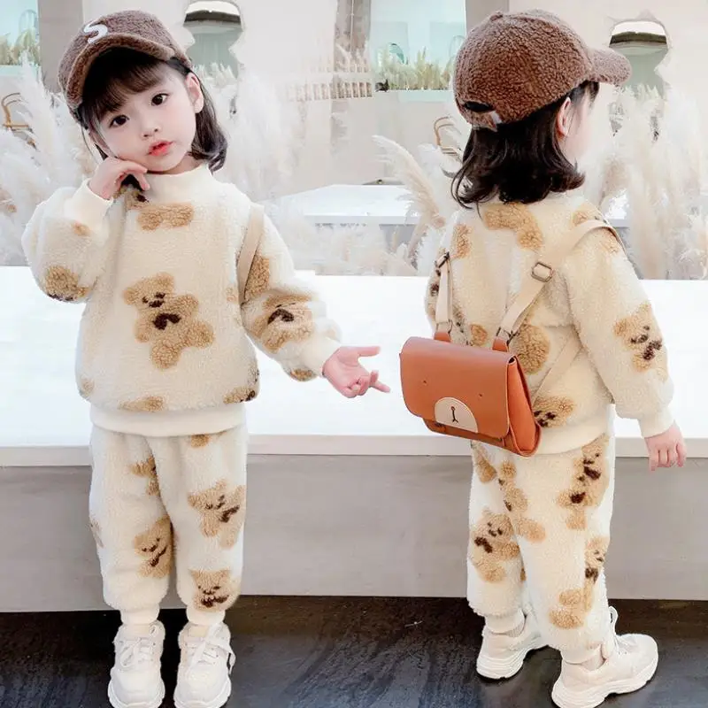 2023 new autumn/Winter baby boys lamb warm clothing set suit kid thickening clothes set children Korean 2 pieces