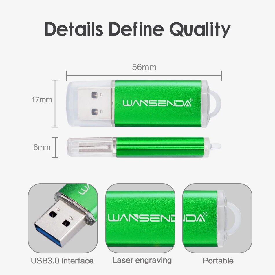 WANSENDA USB 3.0 Flash Drive 32GB 64GB Metal Pen Drive 8GB 16GB Pendrive 128GB 256GB High Speed USB 3.0 Flash Memory Stick