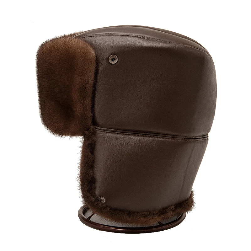 Mink Fur Caps Men Luxury Winter 100% Whole Marten Hair Genuine Leather Bomber Hats Male Thick Ear Warm Brown/Black Gorras Hombre