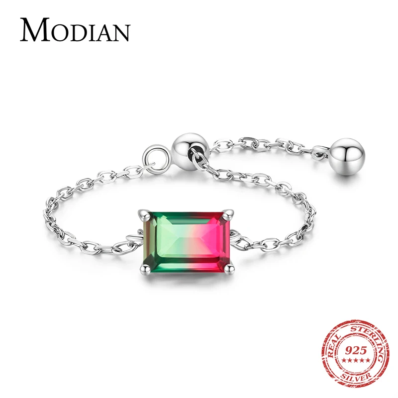 

Modian Solid 925 Sterling Silver Emerald Cut Candy Tourmaline Rings Chain Link Adjustable Ring For Women Fine Female Jewelry