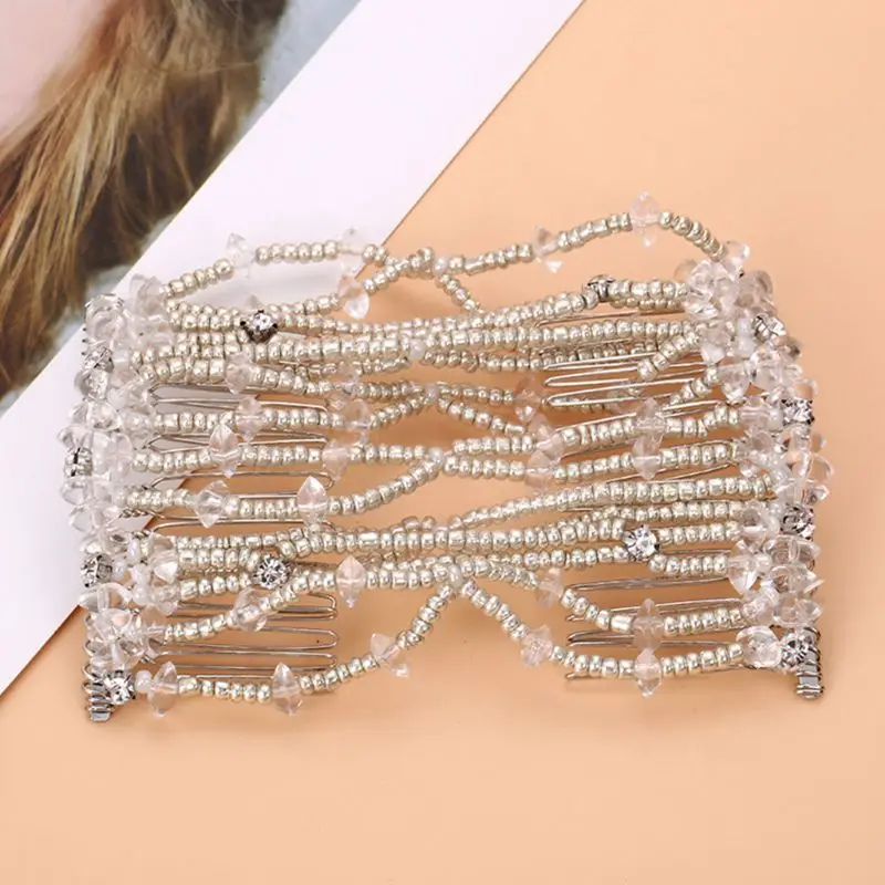 Women Handmade Imitation Pearl Beaded Jewelry Magic Hair Side Combs 20 Tooth Stretchable Double Clips Styling Hairpins