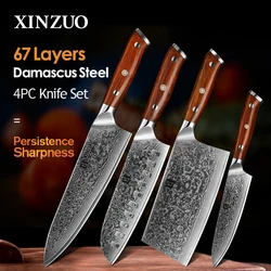 XINZUO 4PCS Kitchen Knife Set Damascus Steel Cleaver Chef Knives Stainless Steel Santoku Butcher Knife Rosewood Handle Gift Case