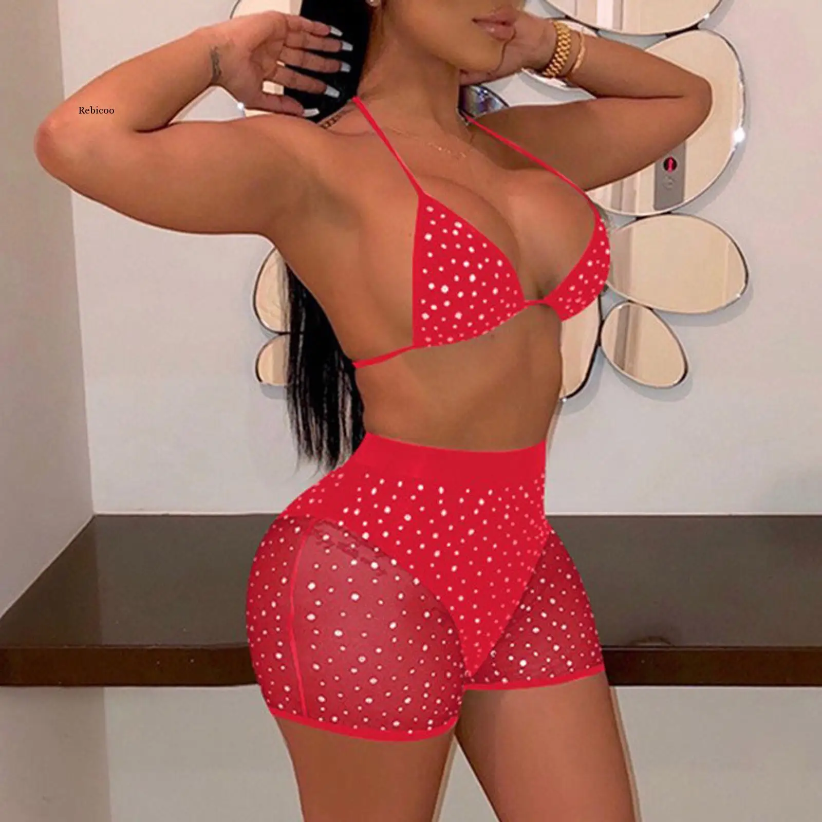 Swimwear Women Mesh Seethrough Sequins Shorts Bikini 2021 Woman Push-Up Swimsuit Beachwear Bikinis Set