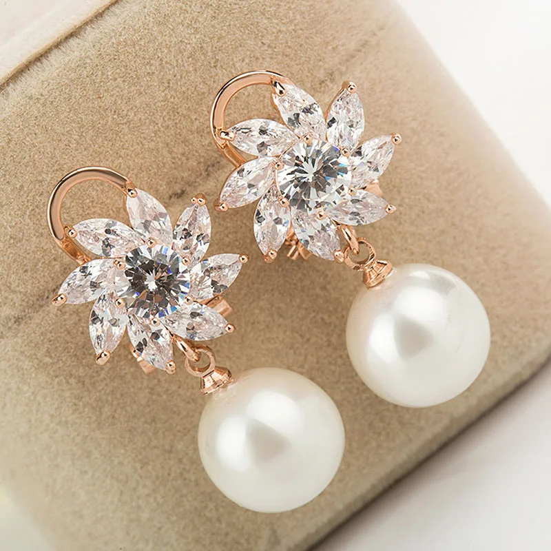 Floralbride Fashion Jewelry  Anti-allergic Simulated Pearls Hook Earrings Charm Drop Earrings Women Rose Gold Color Earrings