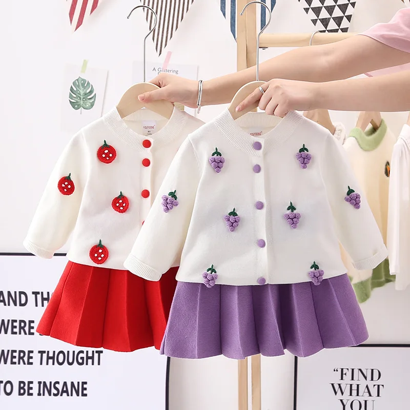 

2021 New Girls Autumn Winter Knit Suit Girls Cute Crochet Sweater Skirt Warm Cardigan + Pleated Skirt Kids Clothes Suits