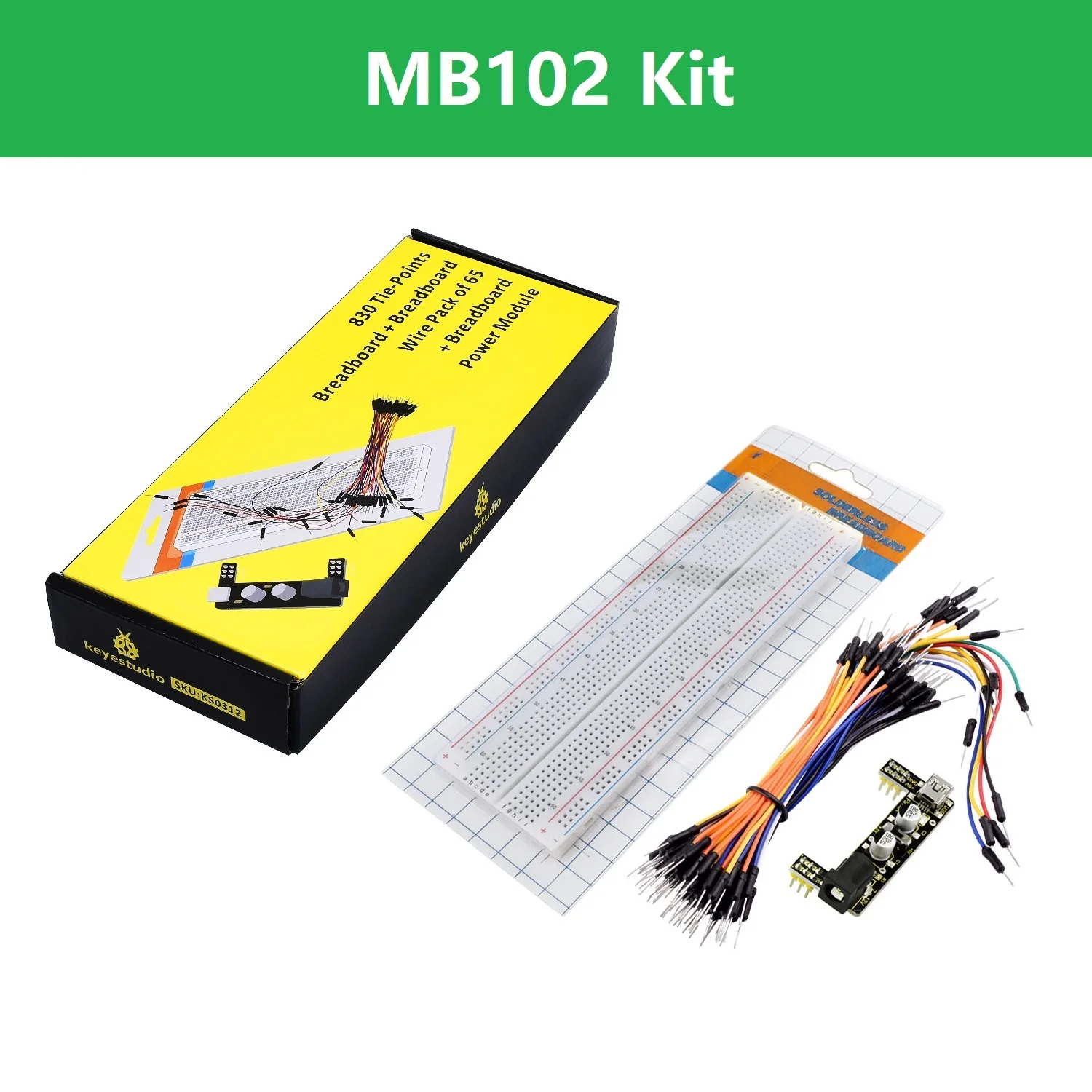 Keyestudio MB102 830 Point Solderless Breadboard +3.3V/5V Power Module+65 Jumper Wires for Arduino DIY Electronic Project Kit