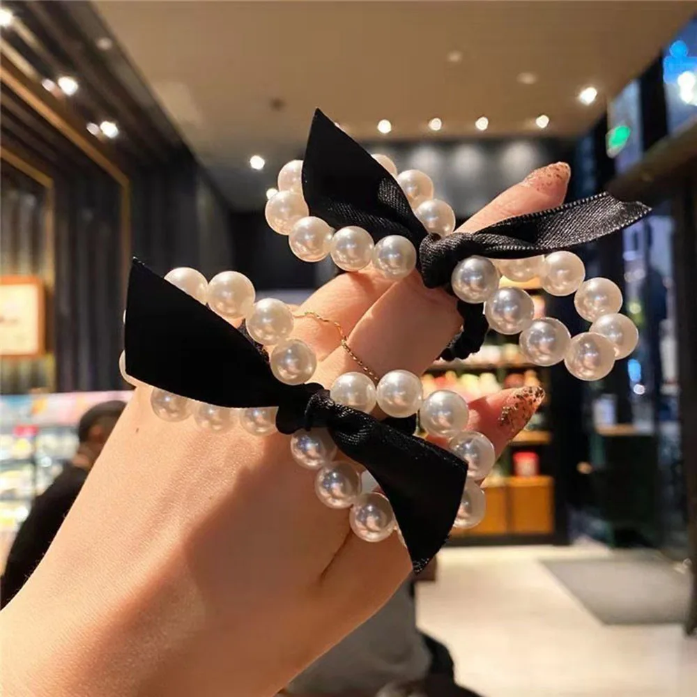 Hair Rope Bow Rubber Band Rope Elastic Girls Scrunchie Ponytail Holder Pearl Beads Women Hair Bands Ties Accessories for Women
