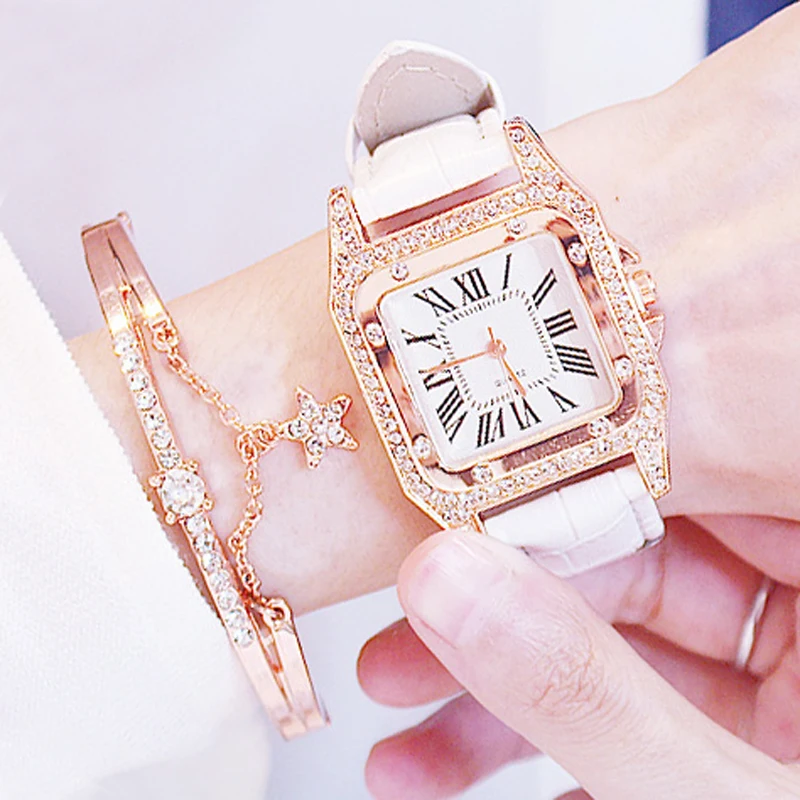 Promotion Luxury Ladies Diamond Square Watches Women Small Watch Bracelet Set Leather Band Quartz Wristwatches Gift Dropshipping