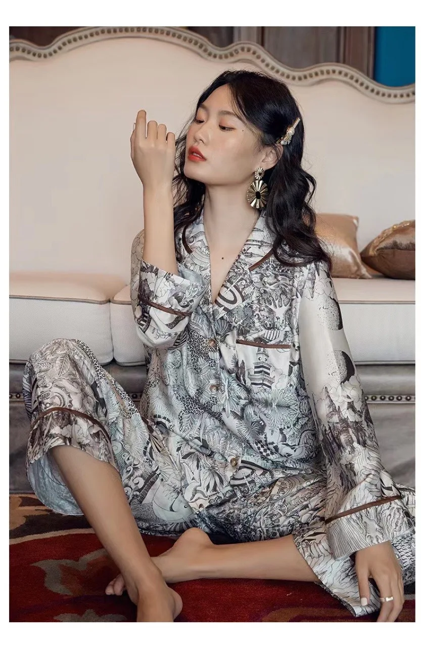 SXTHAENOO Autumn Winter Pajamas Set Satin Silk Printing Pattern Sleepwear Women's Comfortable 2 Pcs Set Homewear