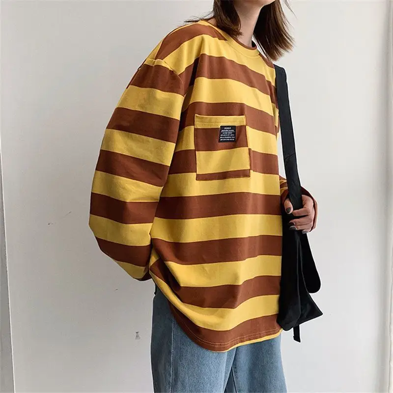 

Plus size striped long-sleeved T-shirt men women 2022 spring autumn trendy Korean casual simple pocket stitching cool bottom top